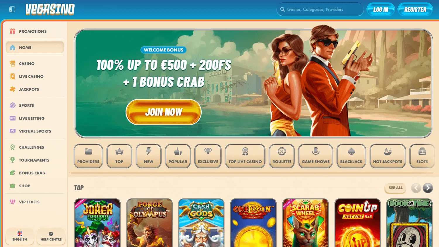 Vegasino Casino home experience on desktop