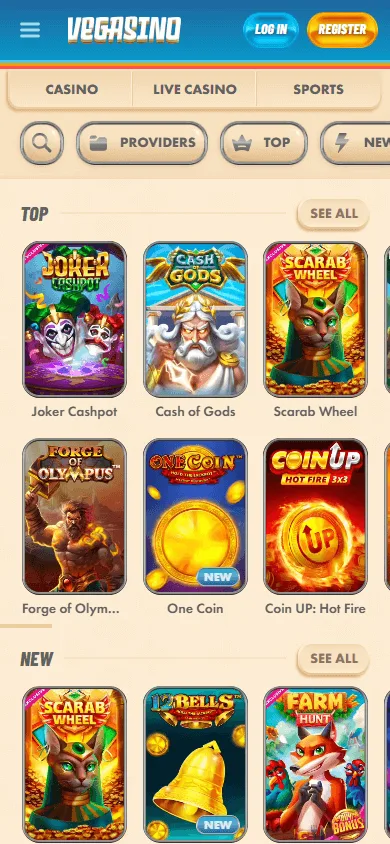 Vegasino Casino game library on a mobile browser