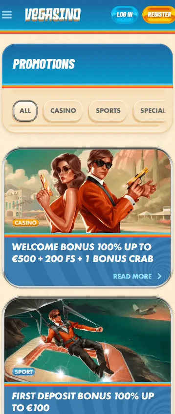 Vegasino Casino promotions on a mobile browser