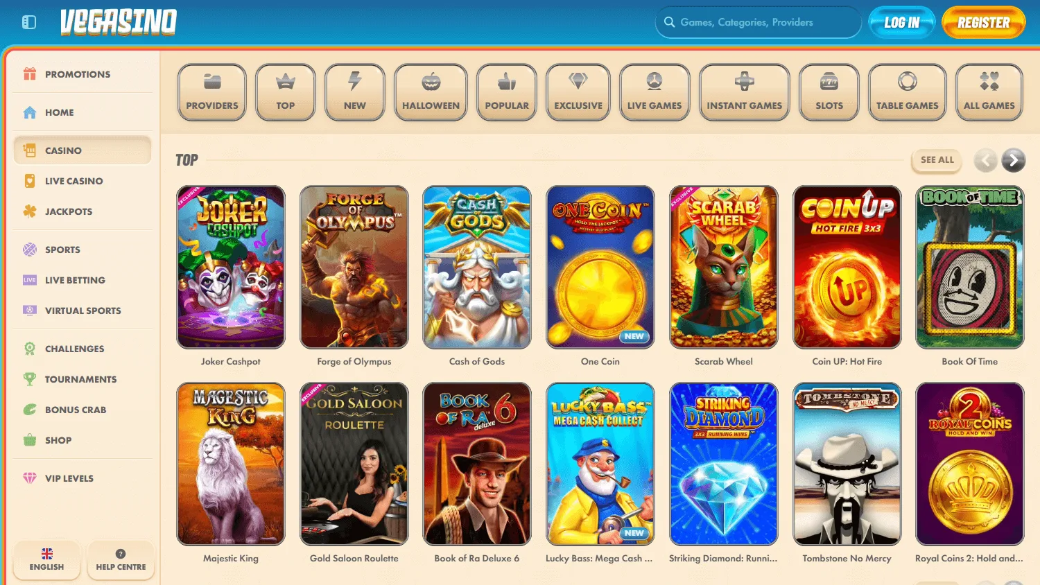 Vegasino Casino game library on desktop