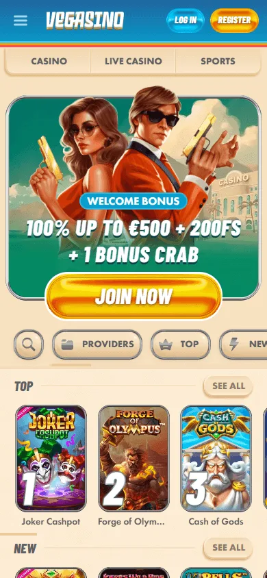Vegasino Casino home experience on a mobile browser